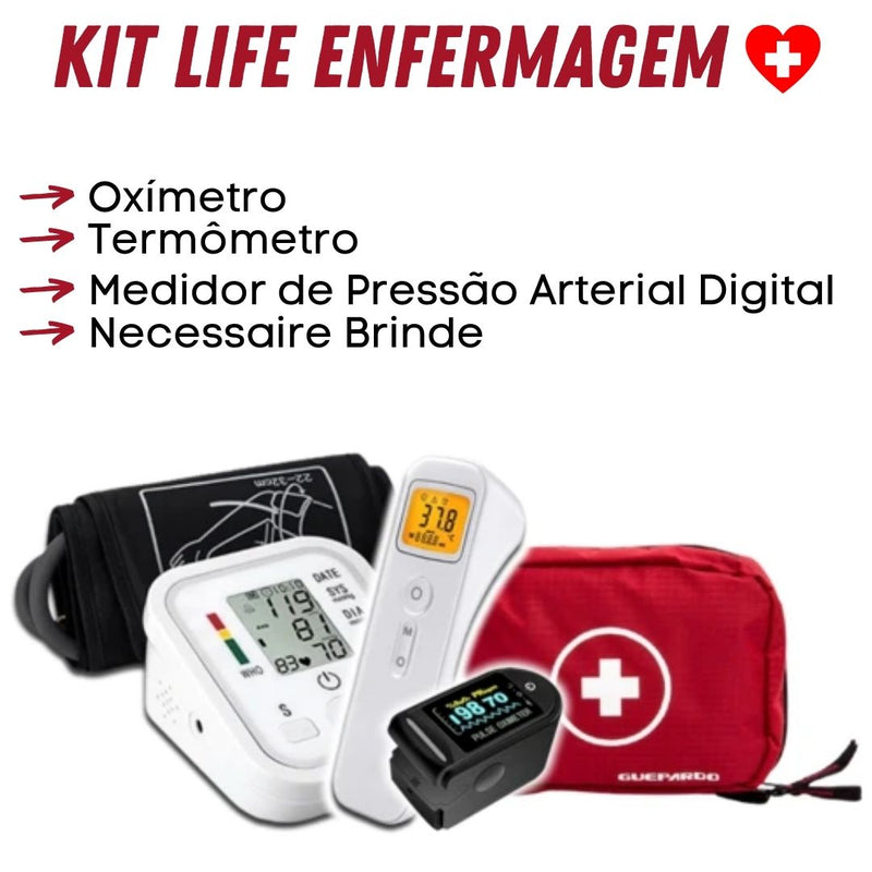 Kit Life Enfermagem - Oxímetro + Termômetro + Medidor de Pressão Arterial Digital + FRETE GRÁTIS - Envio Imediato